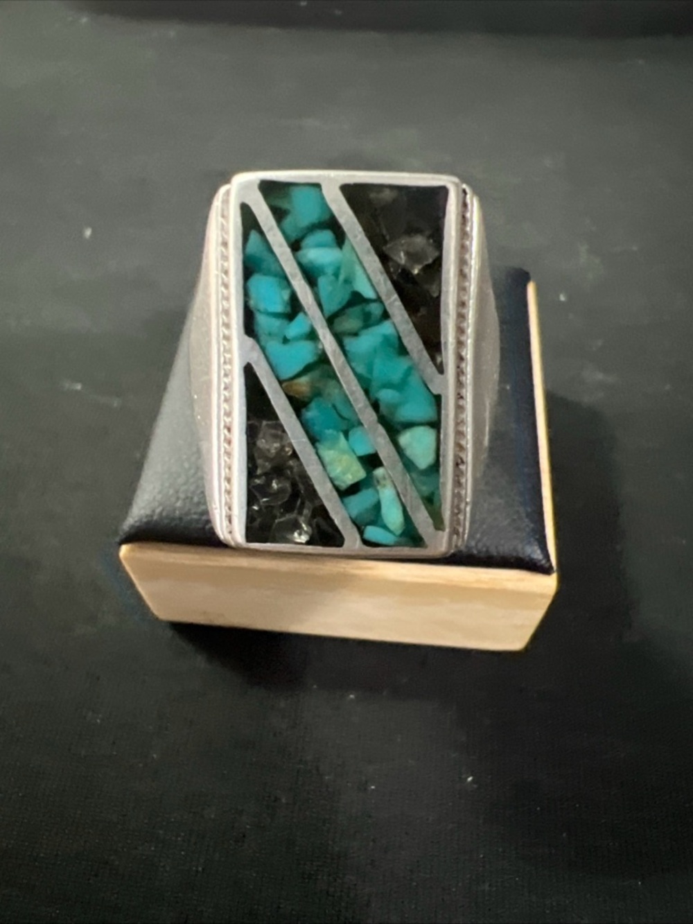 Men’s Vintage Old Pawn .925 Sterling Silver Chip Inlay Turquoise Ring Size 11